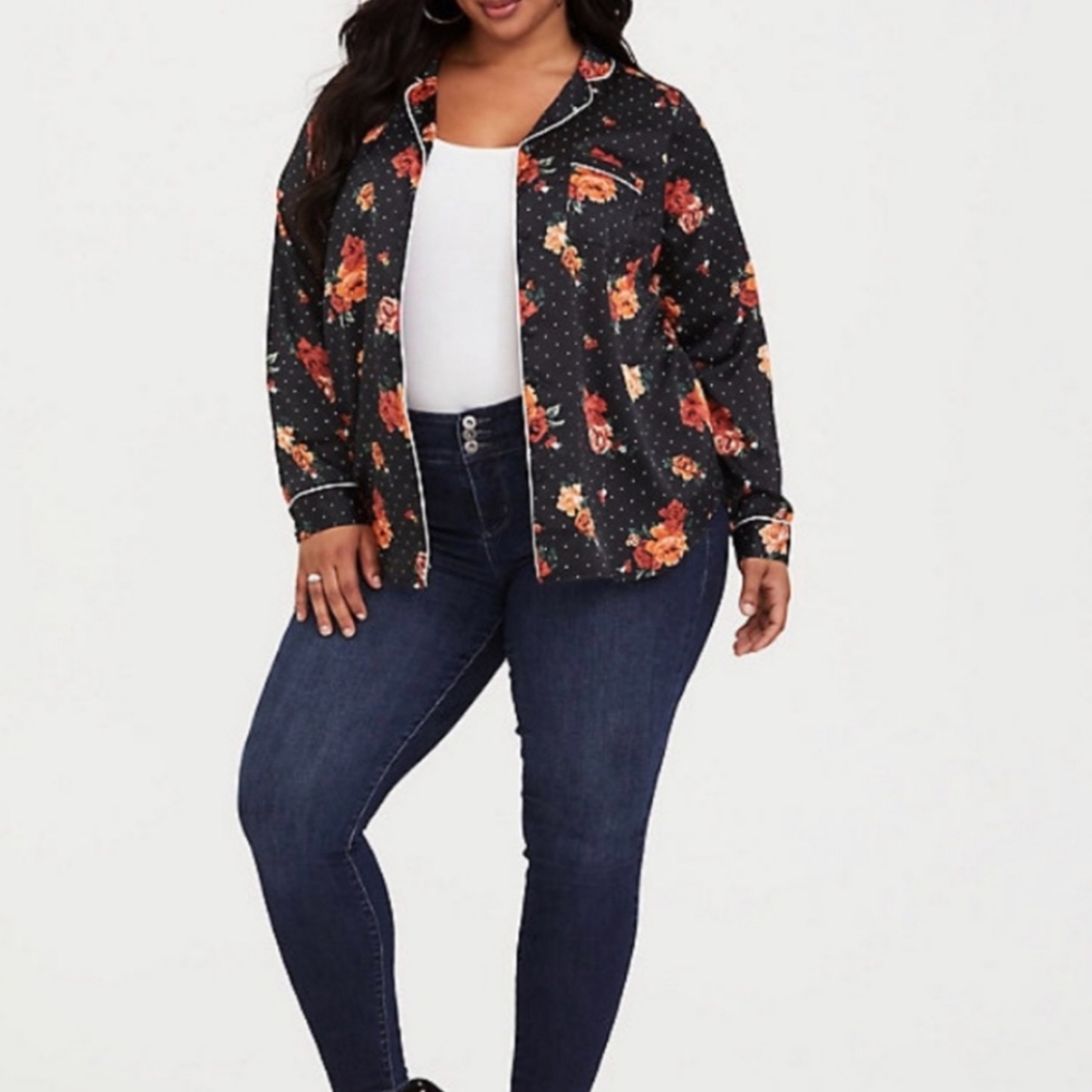 Torrid Black Floral Satin Blouse or PJ Top 2x